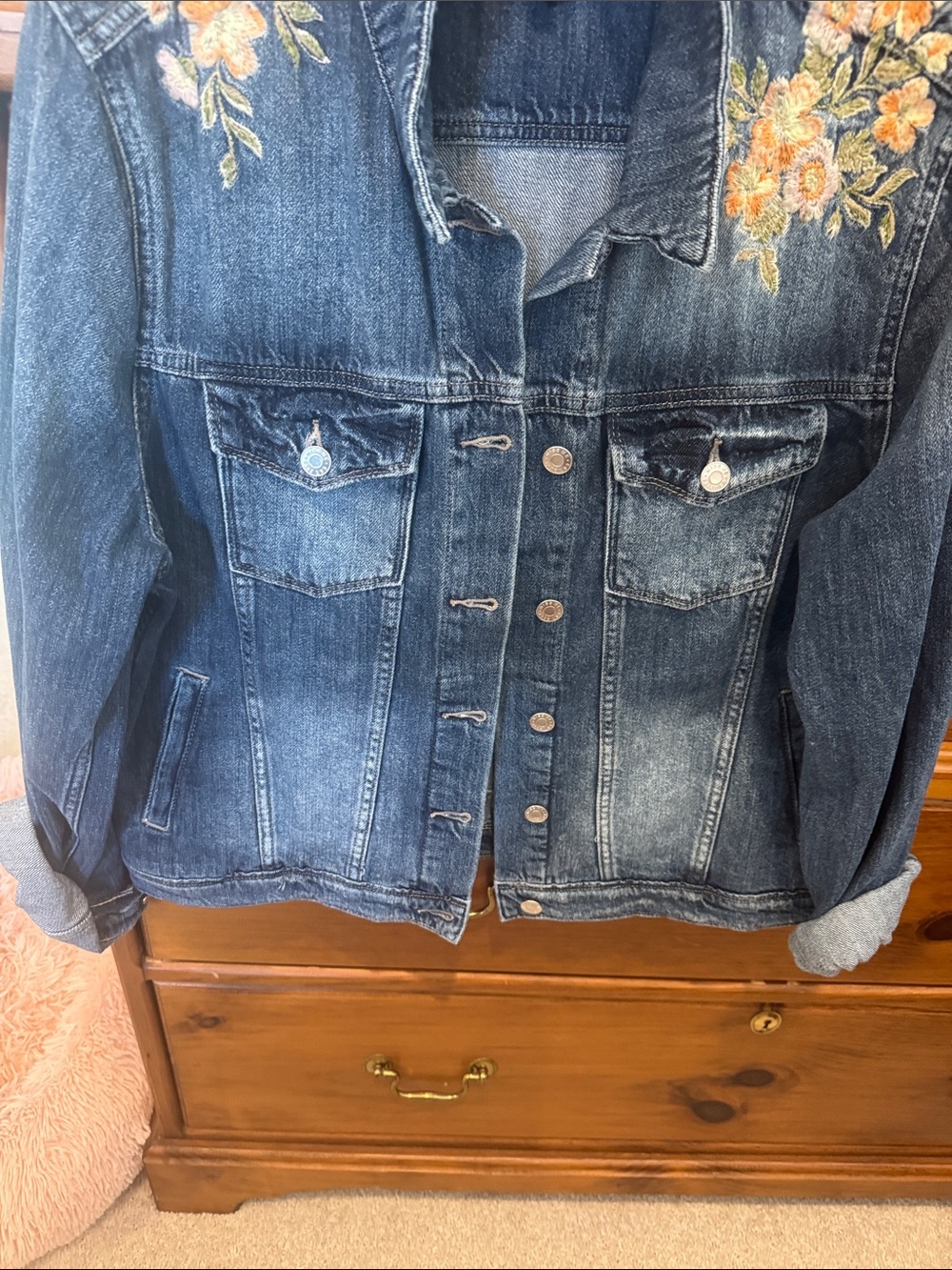 NEVER WORN..Miss Me Blue Denim Jacket with Yellow & Peach Floral Embroidery - Picture 6 of 8